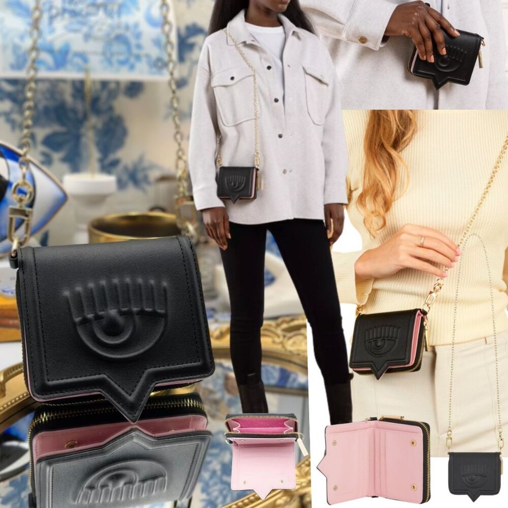 🆕 CHIARA FERRAGNI 🧿 BNIB Eyelike Motif Chain Linked Wallet - Black - WOC